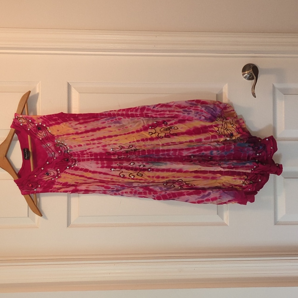 Pink and yellow embroidered tie dye umbrella dress size small